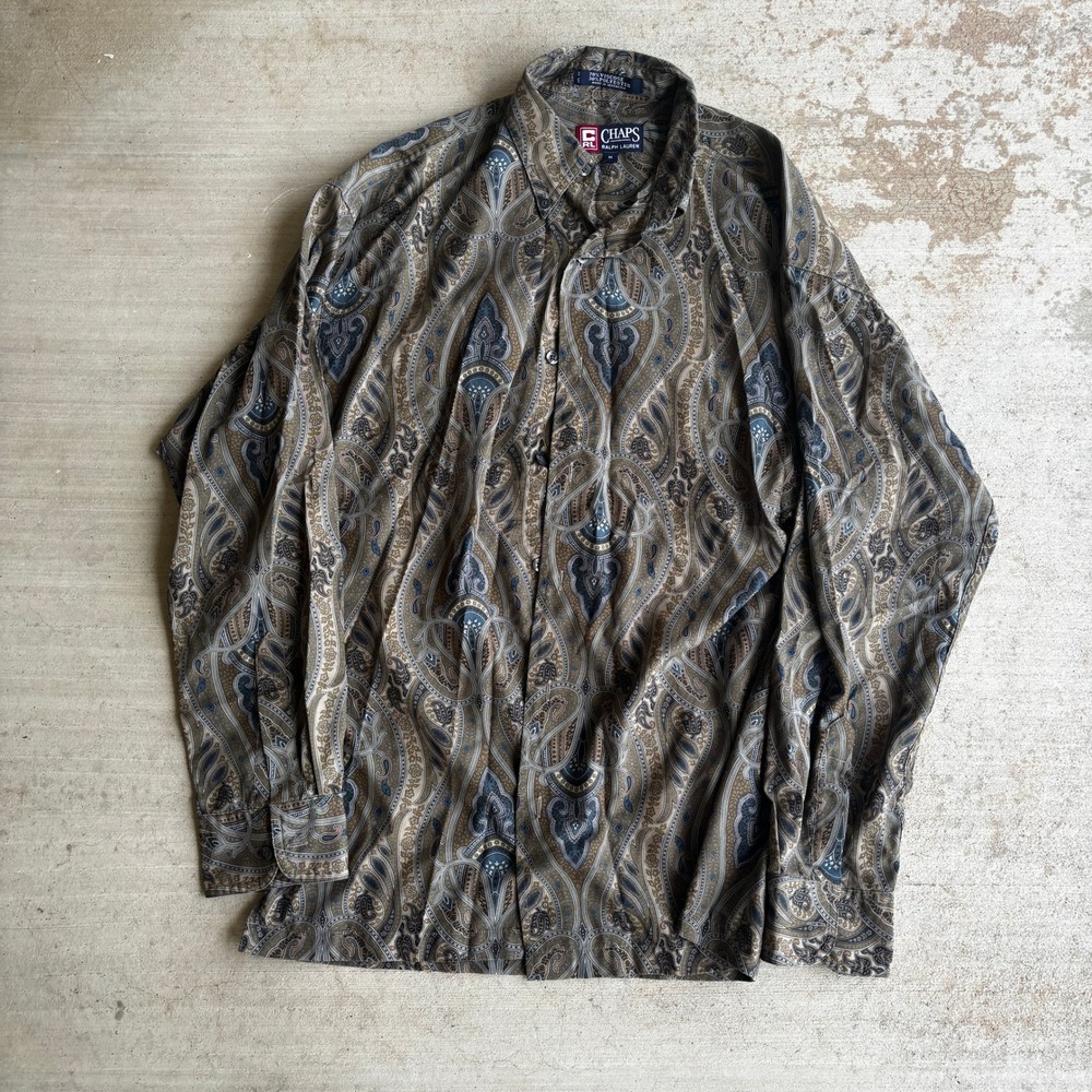 Vintage Chaps Ralph Lauren Mens M Paisley Button Down Shirt Long Sleeve Green